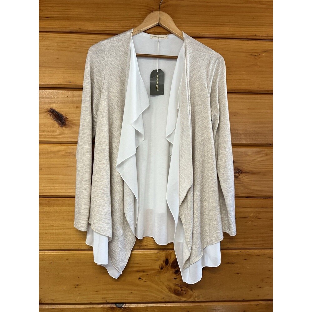 PEBBLE AND STONE Womens MED Open Front Layered Cardigan Sweater Sandstone White